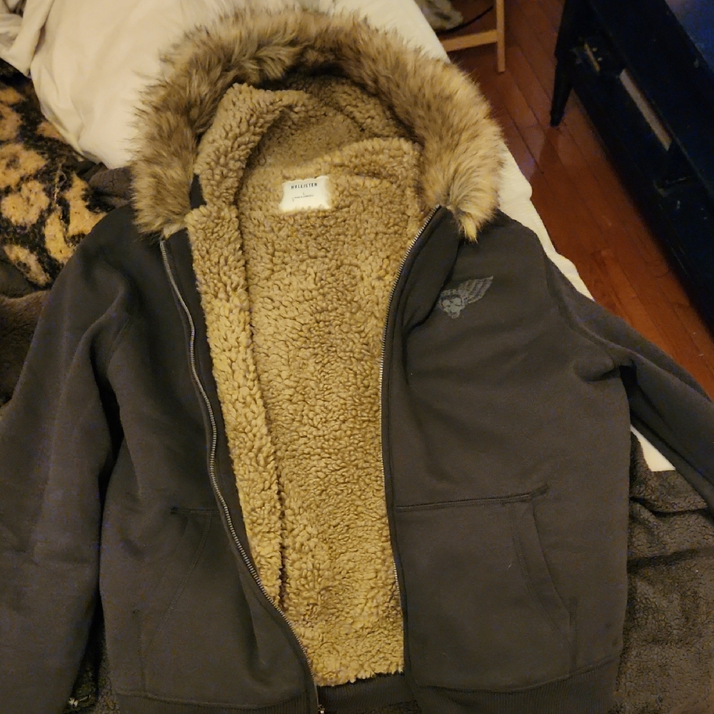 Hollister Black Jacket with Tan Fur Lining